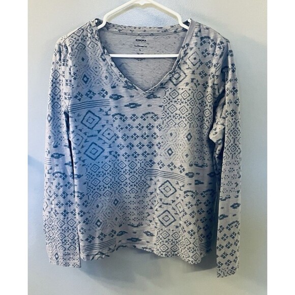 Sonoma Everyday Tee Blue Aztec Long Sleeve Shirt Size L - Picture 1 of 4